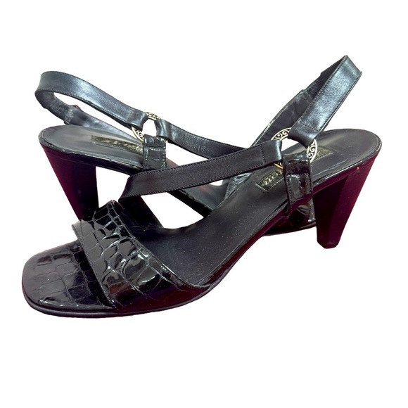 Brighton Shoes - Brighton 8.5M Black Croc Print Leather Peep Toe Sling Back Heels